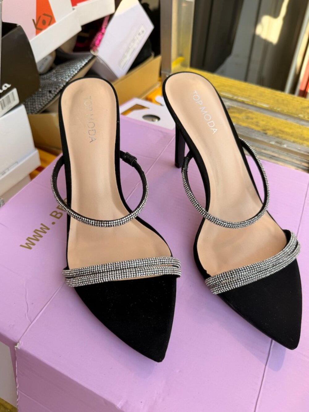 Top Moda Black Rhinestone Strappy Pointed Toe Heeled Mules Size 8